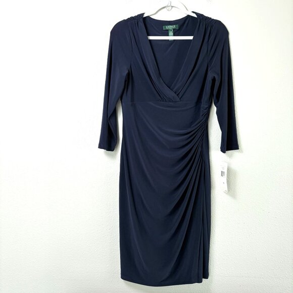 Lauren Ralph Lauren Dresses & Skirts - Lauren Ralph Lauren Faux Wrap Ruched Dress Size 10 Navy 3/4 Sleeve Bodycon NWT